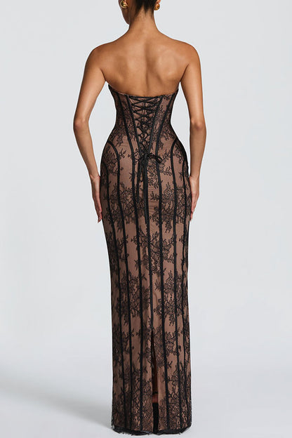 Cardydony Women's Sian Floral Lace Contrast Structural Detail Back Lace-up Strapless Slit Maxi Dress