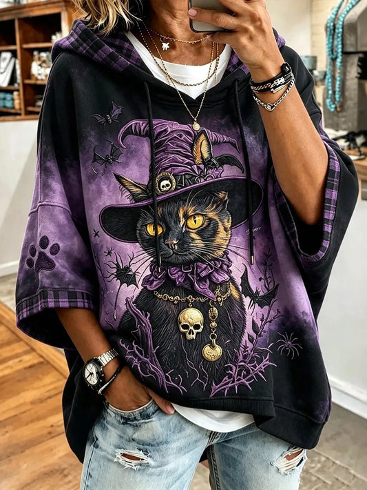 Cardydony Women's Halloween Black Cat And Skull Art Print Casual Hoodie