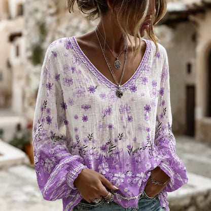 Cardydony Women's Gradient Floral Print Loose Retro Round Neck Long Sleeve T-shirt