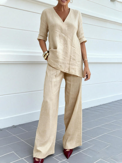 Cardydony Women's Solid Color V-neck Linen Blend Two Piece Set