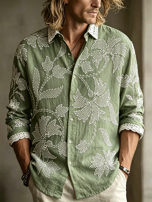 Cardydony Men's Retro Plant Flower Embroidery Pattern Design Casual Linen Shirt