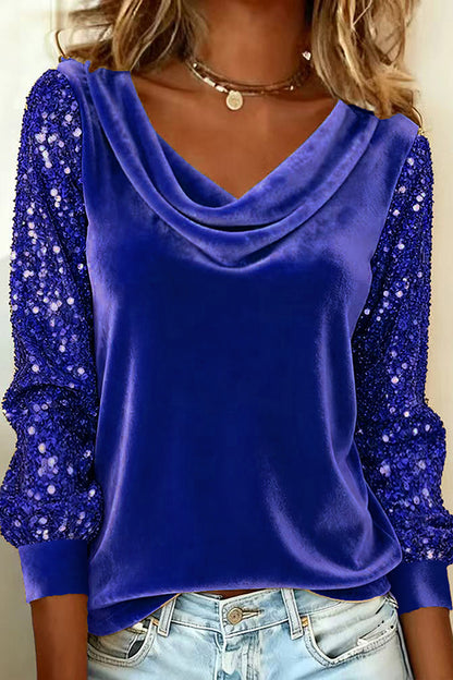 Cardydony Women's Stylish Velvet Sequin Patchwork Long-sleeved Casual Top