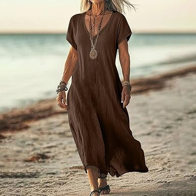 Cardydony Women's Solid Color V-neck Linen Blend Short Sleeve Dress