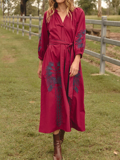 Cardydony Vintage Belted Embroidered Cotton Dress
