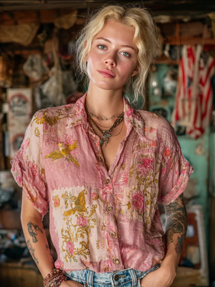 Cardydony Retro Japanese Floral And Bird Art Pink Linen Shawl Collar Cardigan Short Sleeve Top