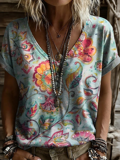 Cardydony Women's Retro Floral Art Print Short-sleeve V-neck T-shirt