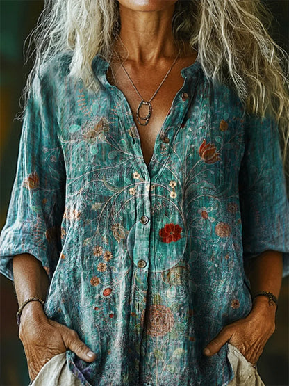 Cardydony Women's Vintage Floral Print Casual Cotton And Linen Shirt
