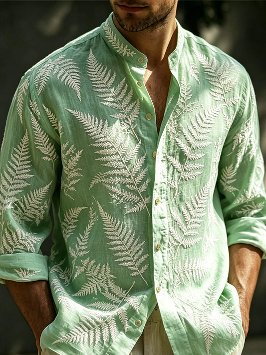 Cardydony Men's Herbal Art Embroidered Mint Green Linen Blend Long Sleeve Shirt