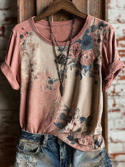 Cardydony Women's Retro Bohemian Floral Casual T-shirt