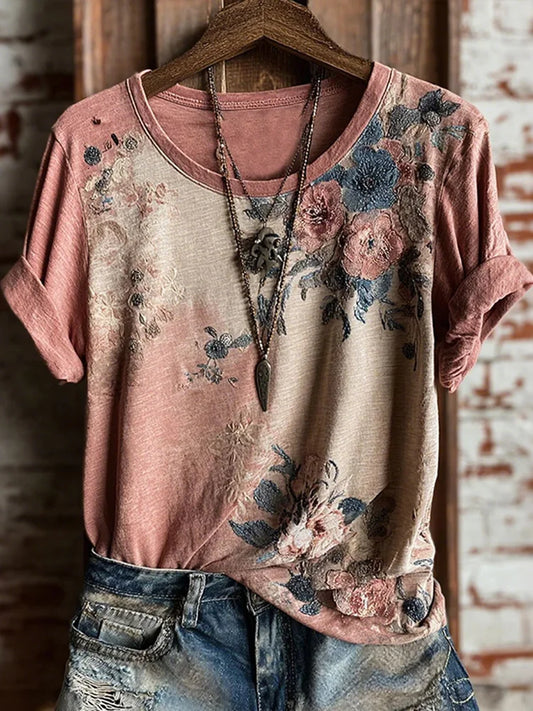 Cardydony Women's Retro Bohemian Floral Casual T-shirt