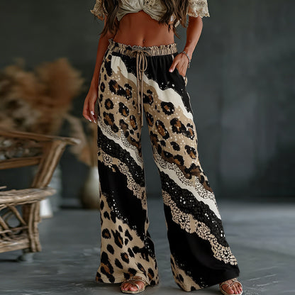 Cardydony Women's Leopard And Animal Patchwork Art Print Flowy Linen Blend Casual Pants