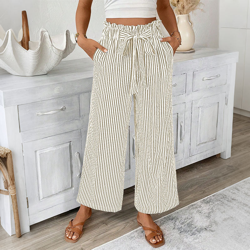 Cardydony Casual Bud Waistband Striped Straight Linen Pants