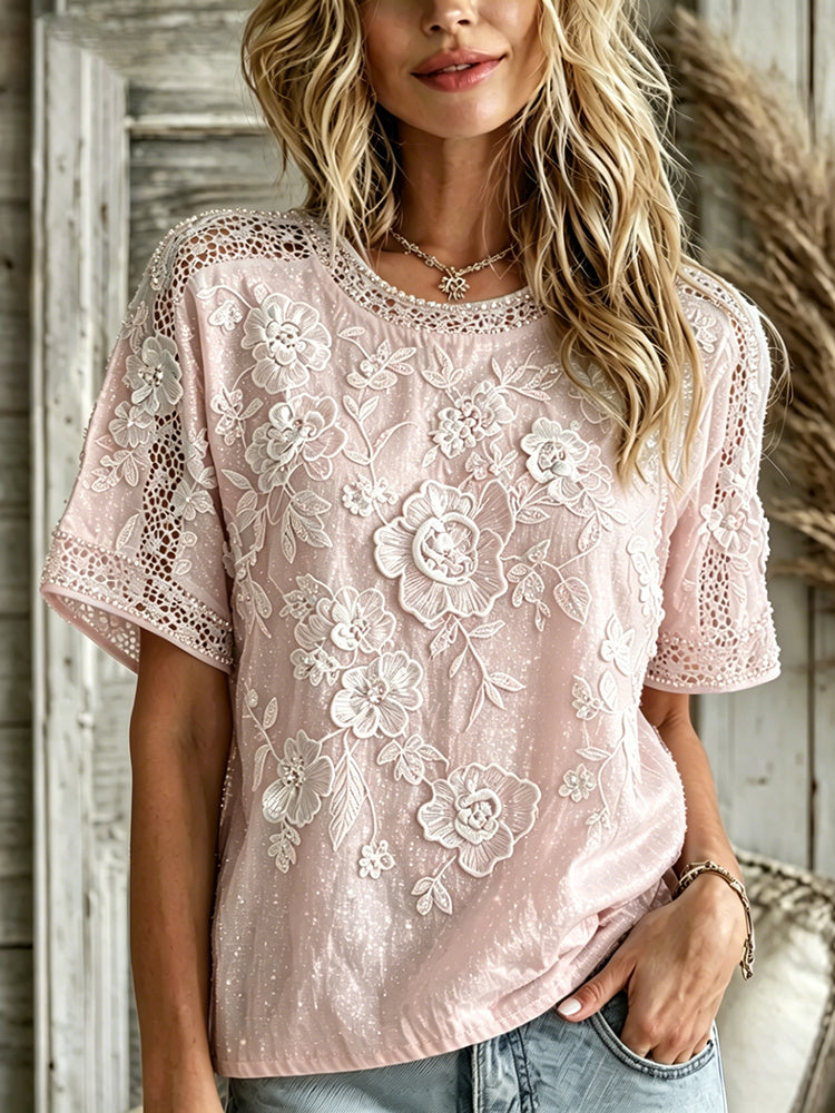 Cardydony Women's Vintage Summer Romantic Yellow Rose Art Linen Blend Short Sleeve Tops