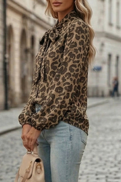 Cardydony Women's  Leopard Print Bow Collar Long-sleeved Loose Shirt