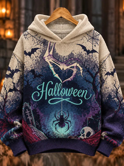 Cardydony Women's Vintage Halloween Gothic Spider Bat Skeleton Graveyard Print Hooded Sweater