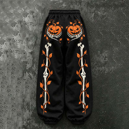 Cardydony Women's Vintage Halloween Pumpkin And Skeleton Hand Print Sweatpants