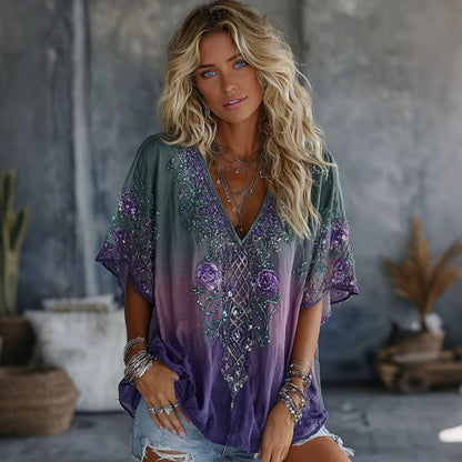 Cardydony Women's Vintage Celtic Knot Floral Art Flowy Linen Blend Casual Tops