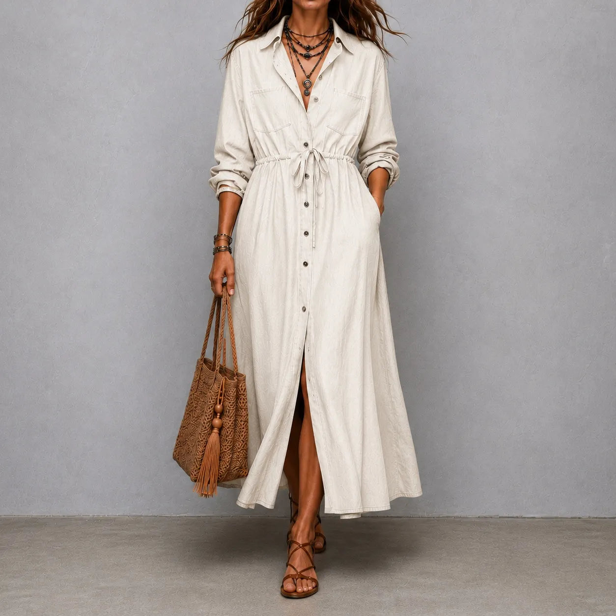 Cardydony Elegant Long-sleeved Drawstring Waist Shirt Dress Maxi Dress
