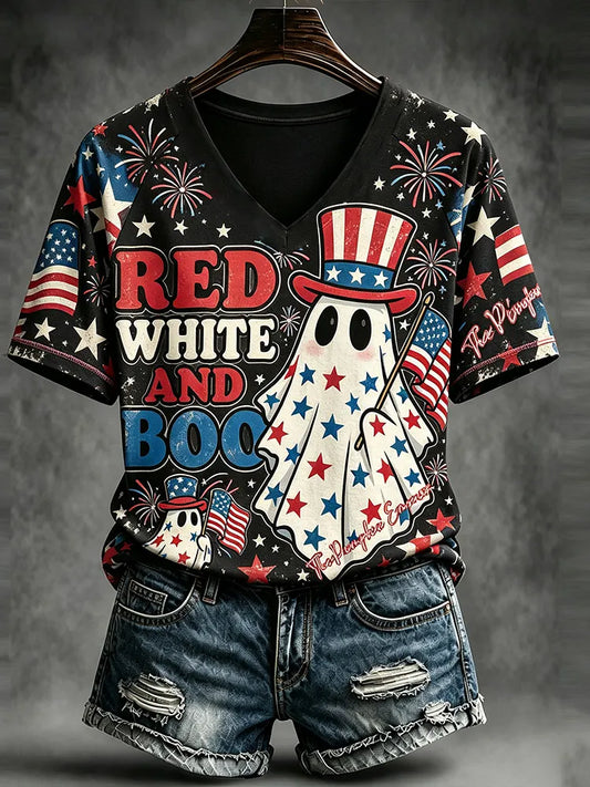 Cardydony Women's Vintage Halloween Ghost And American Elements Fun Print Casual V-neck T-shirt