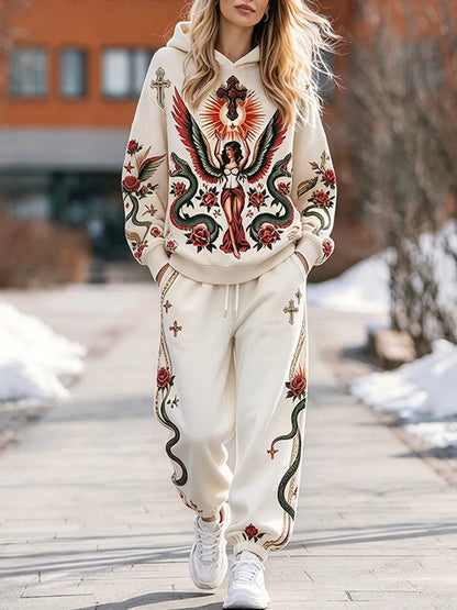 Cardydony Women's Vintage Angel And Cross Print Hoodie And Pants Set