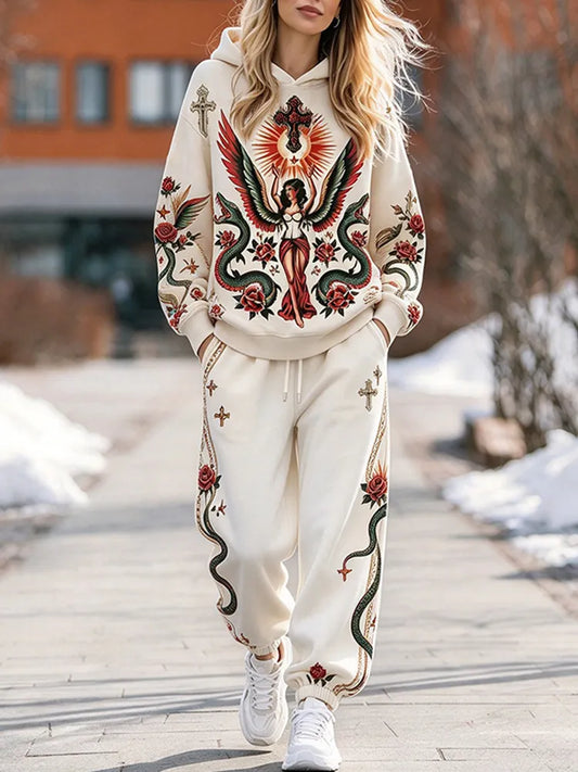 Cardydony Women's Vintage Angel And Cross Print Hoodie And Pants Set