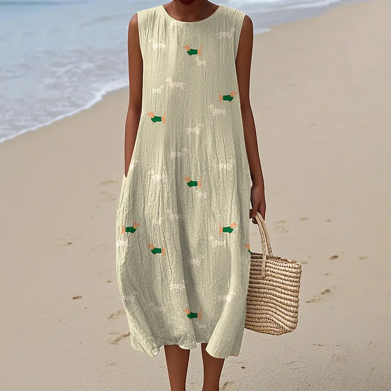 Cardydony Retro Cute Dachshund Dog Art Linen Tank Midi Dress