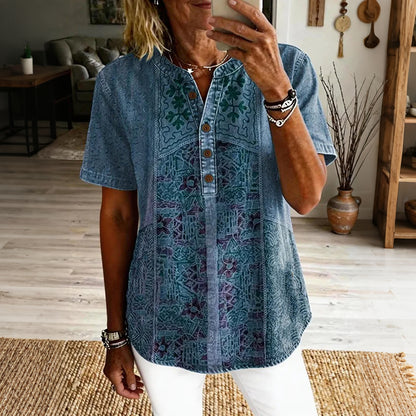 Cardydony Women's Vintage Ethnic Floral Art Print Casual Short-sleeve Shirt