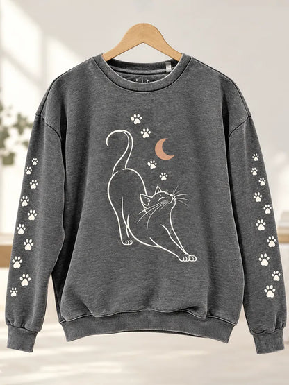 Cardydony Women's Dark Grey Stretching Cat And Moon Graphic Crew Neck Sweatshirt
