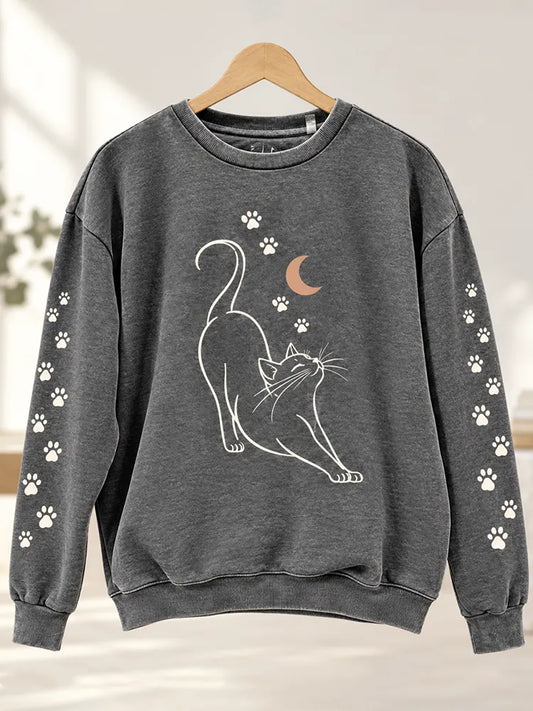 Cardydony Women's Dark Grey Stretching Cat And Moon Graphic Crew Neck Sweatshirt