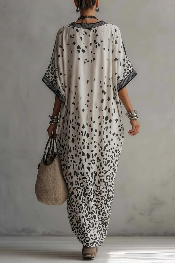 Cardydony Women's  Unique Print V-Neck Half Sleeve Loose Casual Maxi Dress