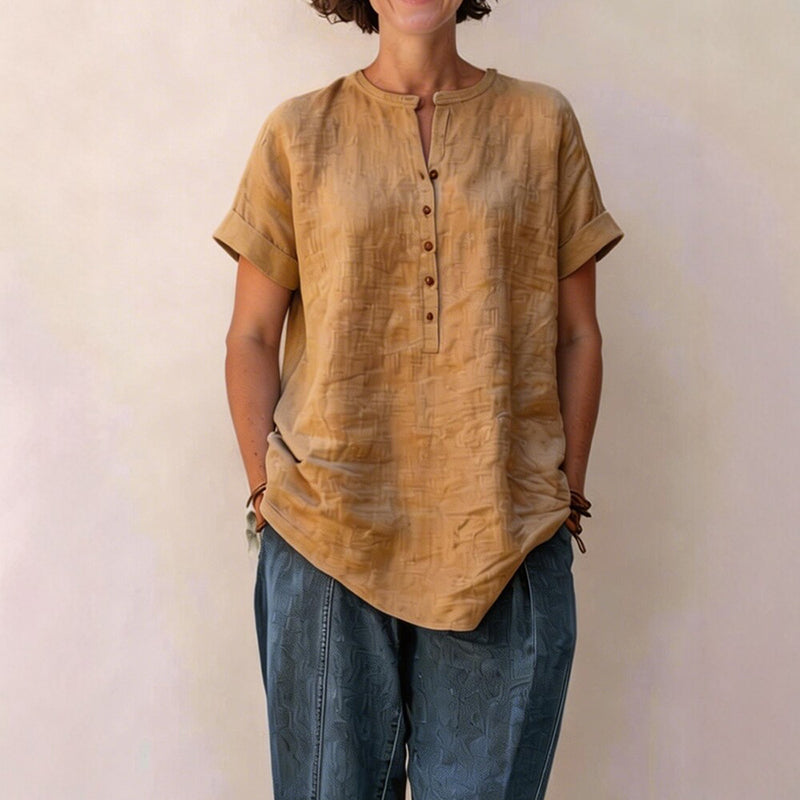 Cardydony Women's Solid Color Stand Collar Button Linen Blend Shirt