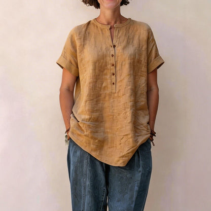 Cardydony Women's Solid Color Stand Collar Button Linen Blend Shirt