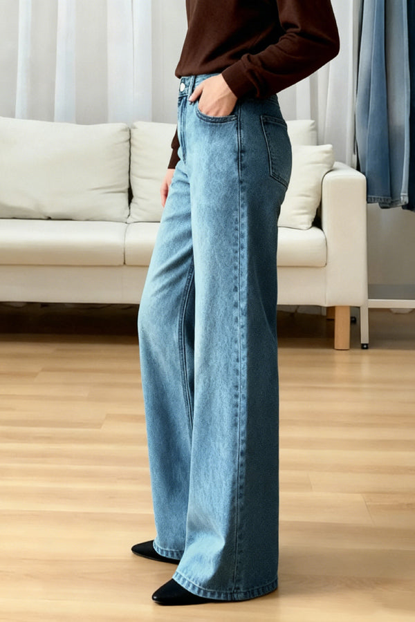 Cardydony Women's  Stylish Casual Loose Pockets Straight-leg Wide-leg Jeans