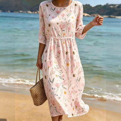 Cardydony Women's Vintage Bohemian Floral Bees Print Round-neck Mid-sleeve Linen Dress
