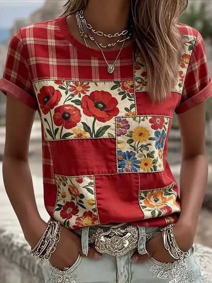 Cardydony Women's Retro Plaid With Floral Patchwork Art Print Casual Short-sleeve V-neck T-shirt