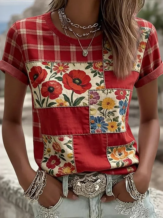 Cardydony Women's Retro Plaid With Floral Patchwork Art Print Casual Short-sleeve V-neck T-shirt