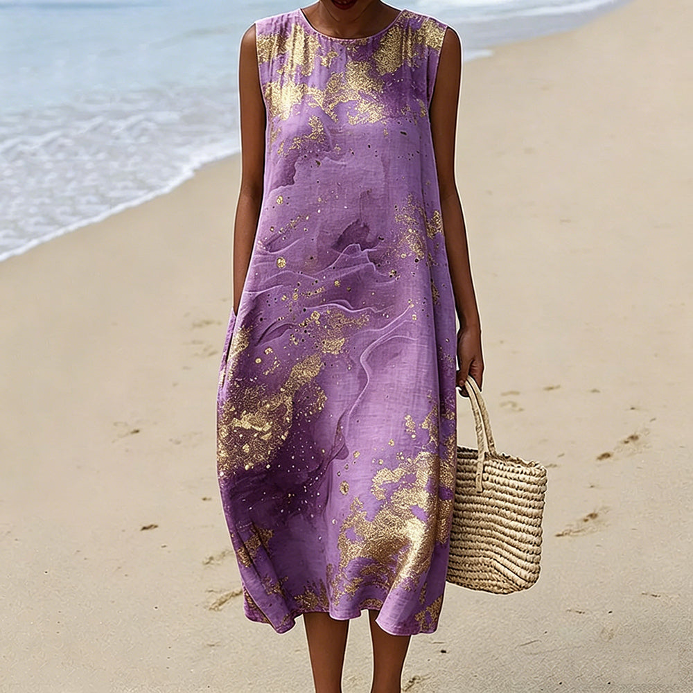 Cardydony Vintage Abstract Marble Texture Art Flowy Linen Tank Dress