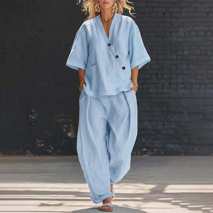Cardydony Casual Solid Color V-neck Loose Short-sleeved Top And Trousers Two-piece Set