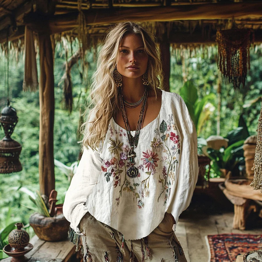 Cardydony Retro Bohemian Floral Embroidery Art Graphics Cotton And Linen Blend Loose Blouse