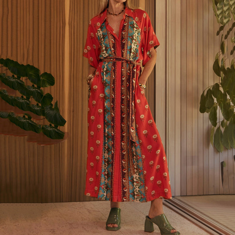 Cardydony Vintage Mediterranean Printed Linen Shirt Dress