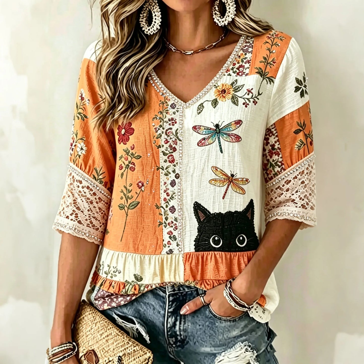 Cardydony Women's Vintage Hippie Cute Black Cat And Dragonfly Art Print Embroidered Art Flowy Linen Blend Three Quarter Sleeves T-shirt