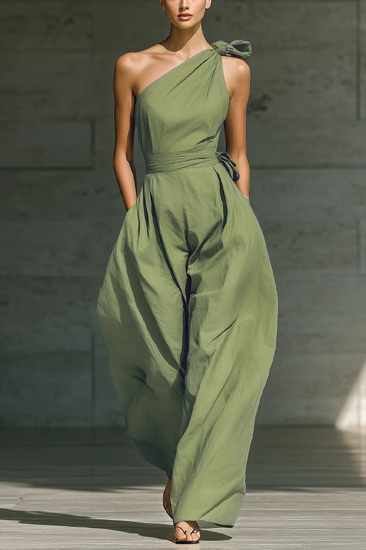 Cardydony Women's Solid Color Sleeveless One-shoulder Fitted Waist Casual Pocket Loose Wide-leg Jumpsuit
