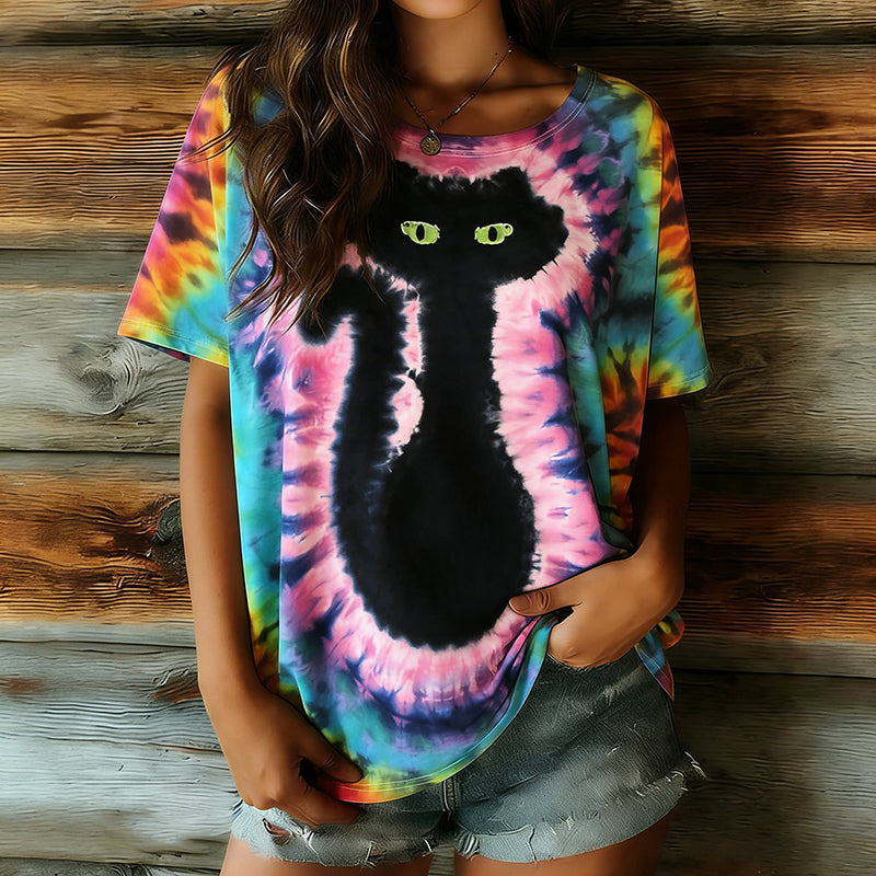 Cardydony Women's Hippie Abstract Cat Tie-dye Pattern Casual T-shirt