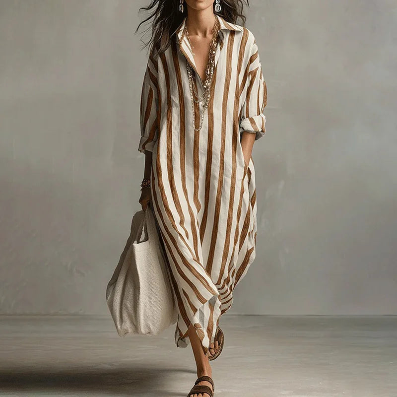 Cardydony Women's Casual Striped Cotton Linen Maxi Shirt Dress