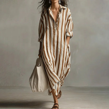 Cardydony Women's Casual Striped Cotton Linen Maxi Shirt Dress