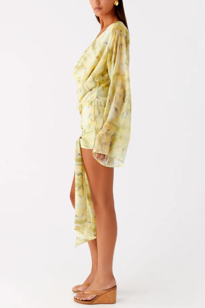 Cardydony Women's Tie-dye Print V-neck Long-sleeved Ribbon Vacation Mini Dress