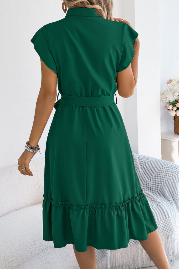 Cardydony Women's Solid Color Stand Collar Button Waist Tie Casual Midi Dress