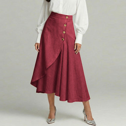 Cardydony Women's Casual Retro Irregular Ruffles Button Cotton And Linen Skirt