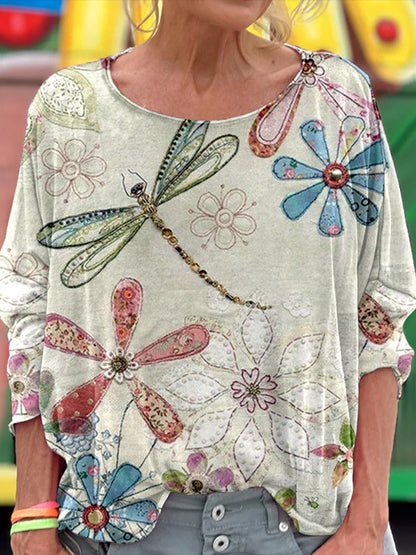 Cardydony Women's Floral And Dragonfly Art Print Long Sleeve Tops