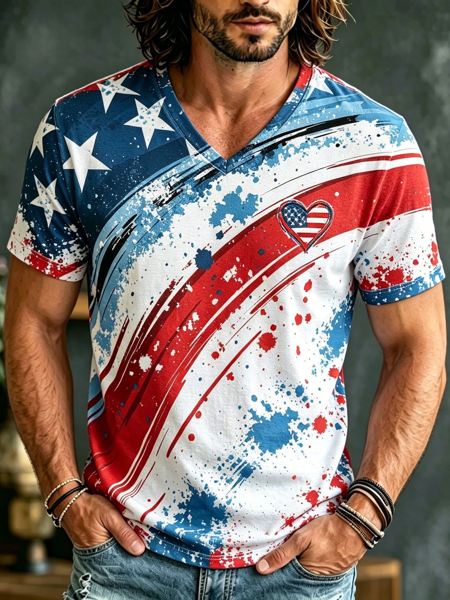 Cardydony Men's American Flag Print Cotton Linen Comfortable V-neck T-shirt